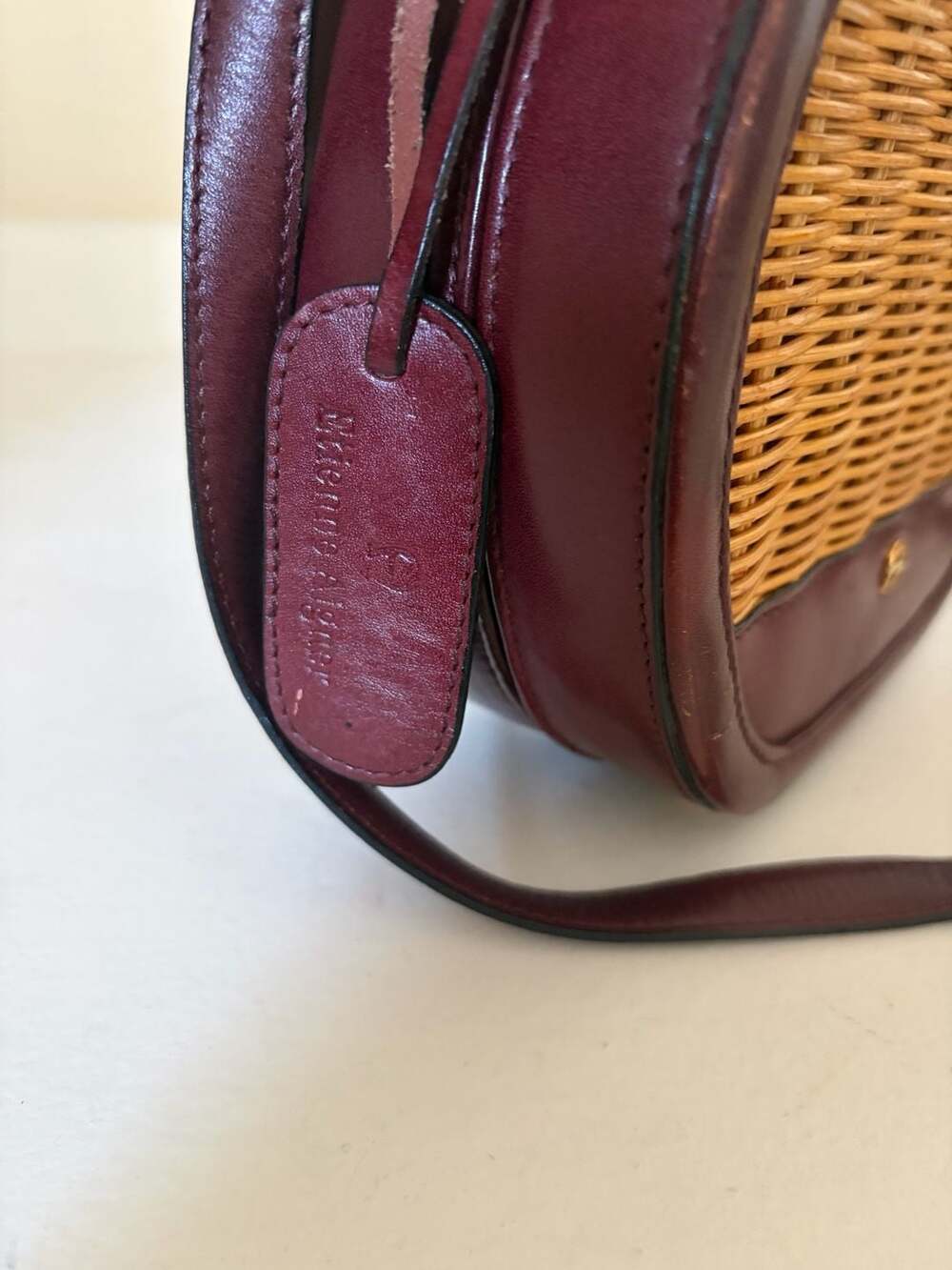 Vintage Etienne Aigner Burgundy Leather and Wicker Circular Crossbody Bag - Picture 7 of 10